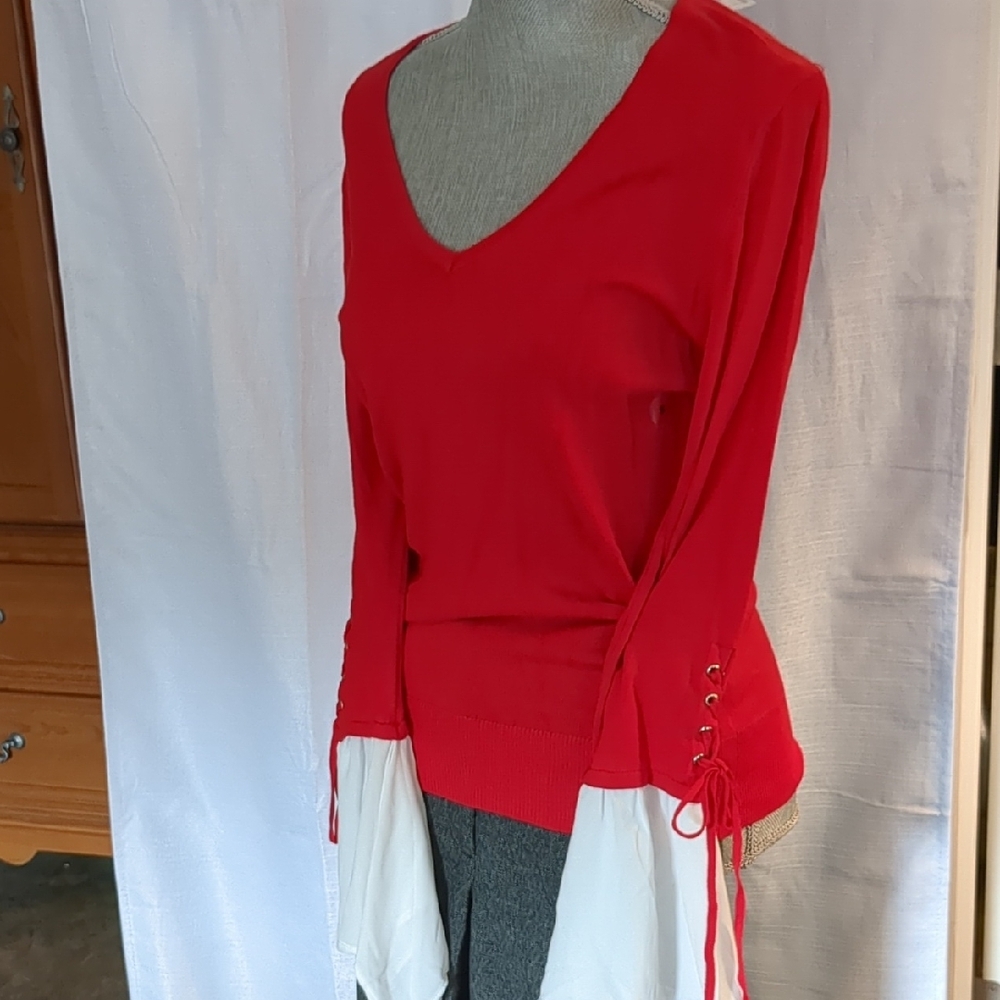 Red V-Neck Sweater with Lace-Up Sleeves